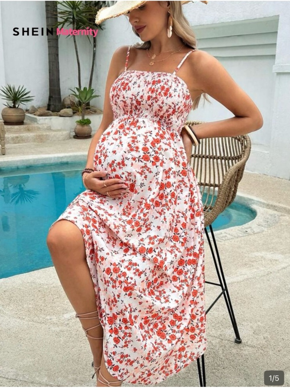 SHEIN White Floral Maxi Maternity Dress with Red Print